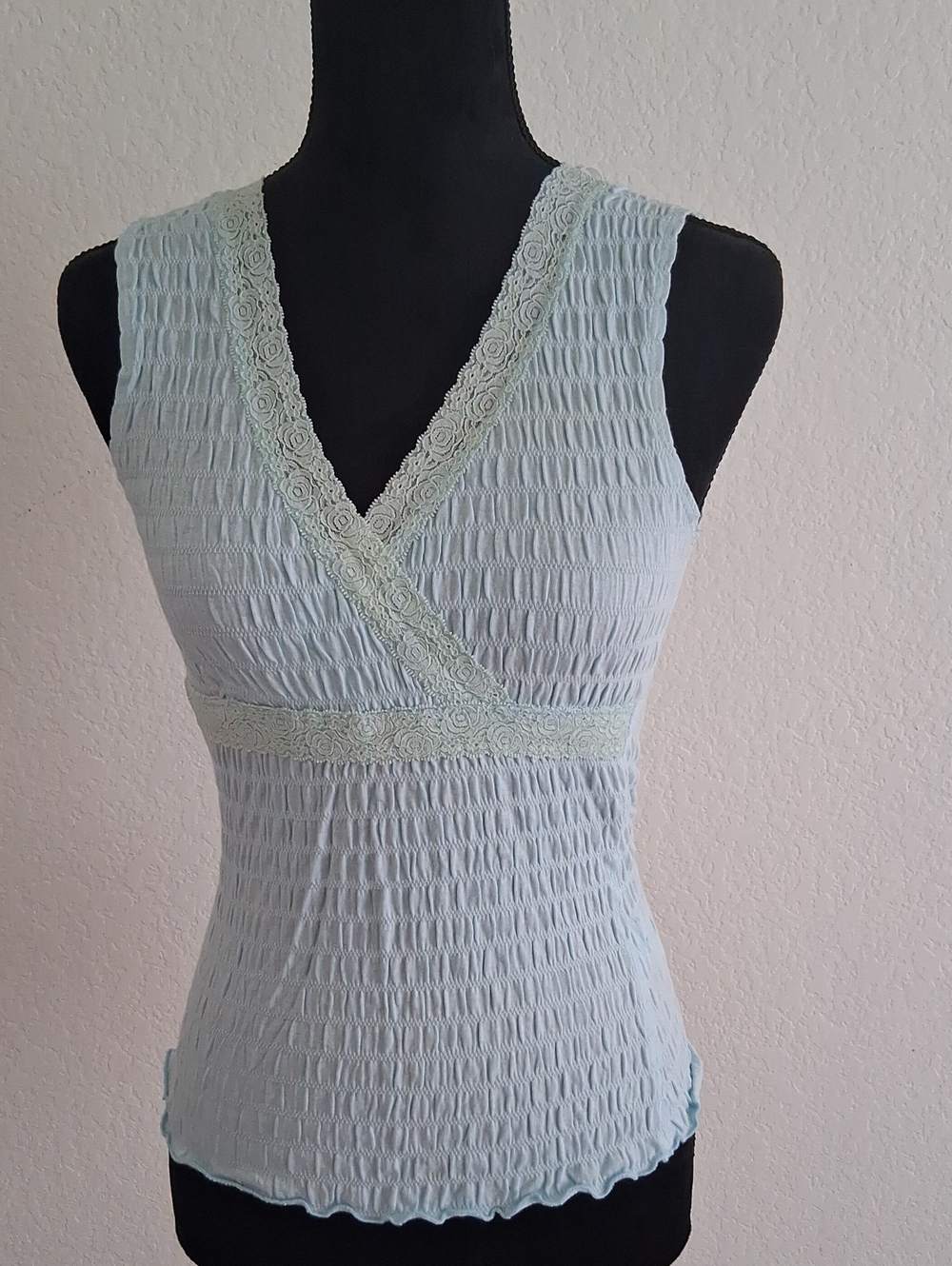 My Michelle Pale Blue Lace-Trim Smocked V-Neck Tank